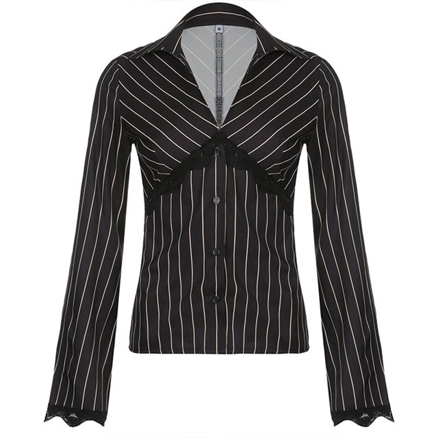 Negro L 2021 Moda Mujer Calle Chica Caliente Retro Empalme De Encaje A Rayas Camisa A Rayas Negras Chaqueta De Una Sola Fila Con Dos Botones En La Cintura Con Cuello En V Top Informal