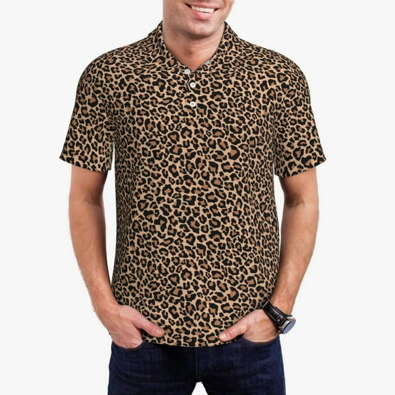 Kdxio Brown Leopard Print Men's Short Sleeve Polo Shirt,Midweight Men's Shirt