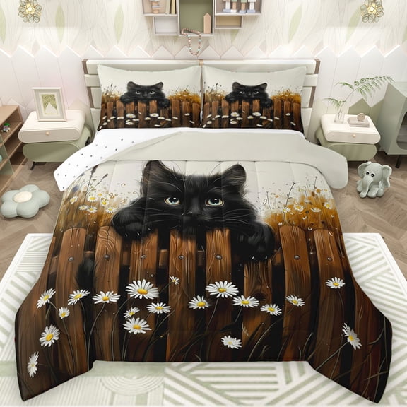 Manfei Kawaii Black Cat Bedding Comforter Set for Kids, Vibrant Groovy Flower Floral Twin Comforter Sets, Western Wooden Plank Reversible Bedding Set, Super Cozy Room Decor, 2-Piece
