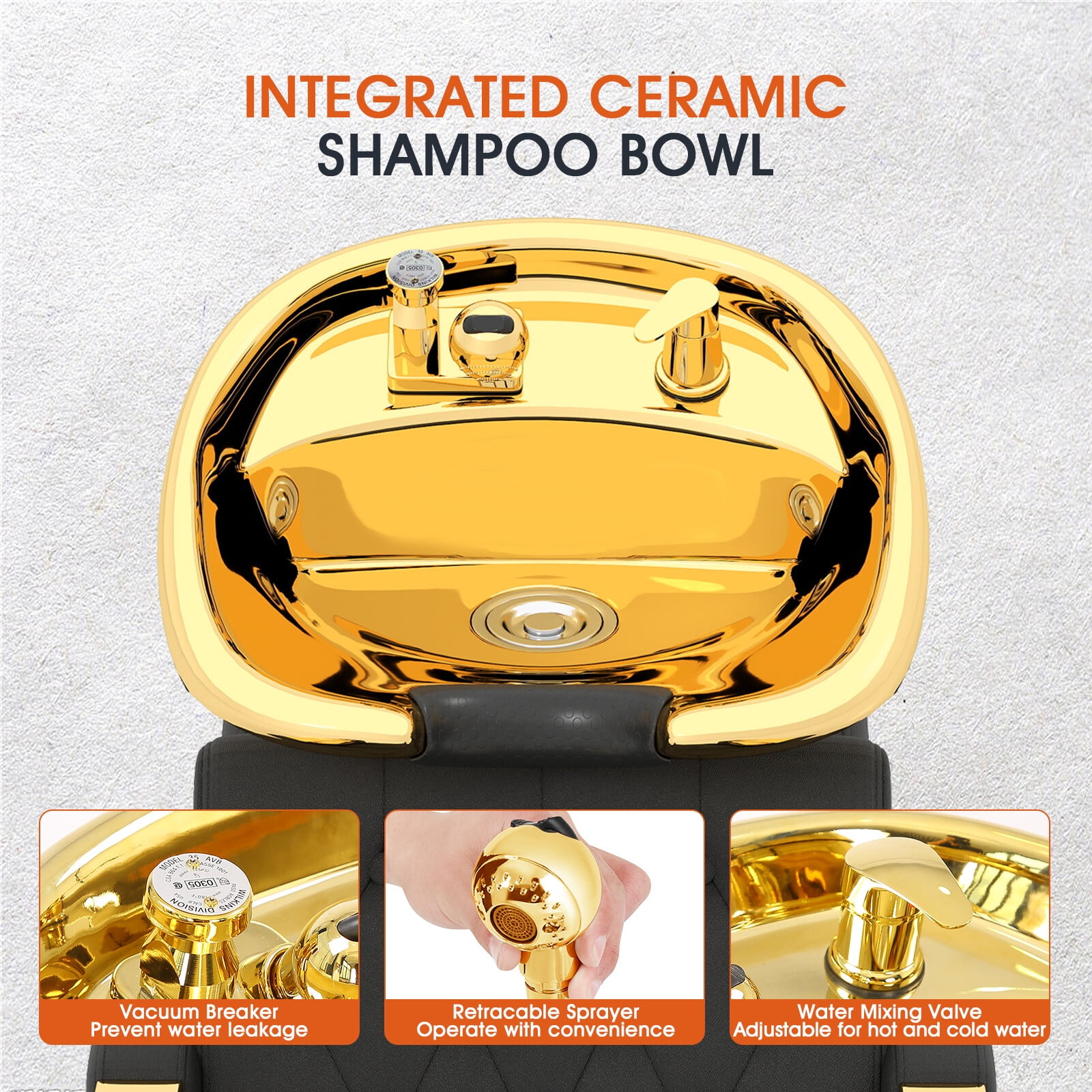 Black+Gold Barber Backwash Unit Ceramic Shampoo Bowl Hair Stylist Station Sink Beauty Salon Spa Equipment