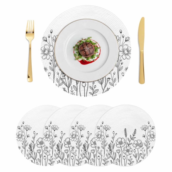 Spring Flowers Round 13 Inch Placemats Set of 4, Modern Simple Botanical Wildflowers Herbs HeatResistant Non Slip Place Mats for Dining Table, Wipeable Braided Kitchen Table Mats for Housewarming