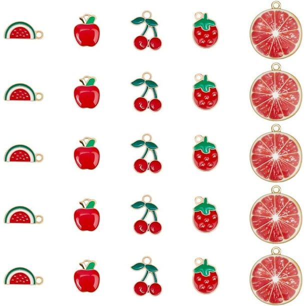 1 caja de 50 dijes de frutas a granel, de aleación de esmalte, de fresa, de sandía, cereza, manzana y pomelo rojo.