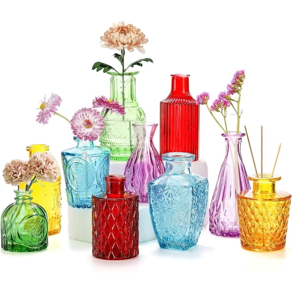 Set of 10 Colored Bud Vases, Assorted Small Glass Flower Vases Vintage Carved Floral Vase Single Bud Vase in Bulk for Centerpieces, Parties, Wedding Decoration, Office, Home