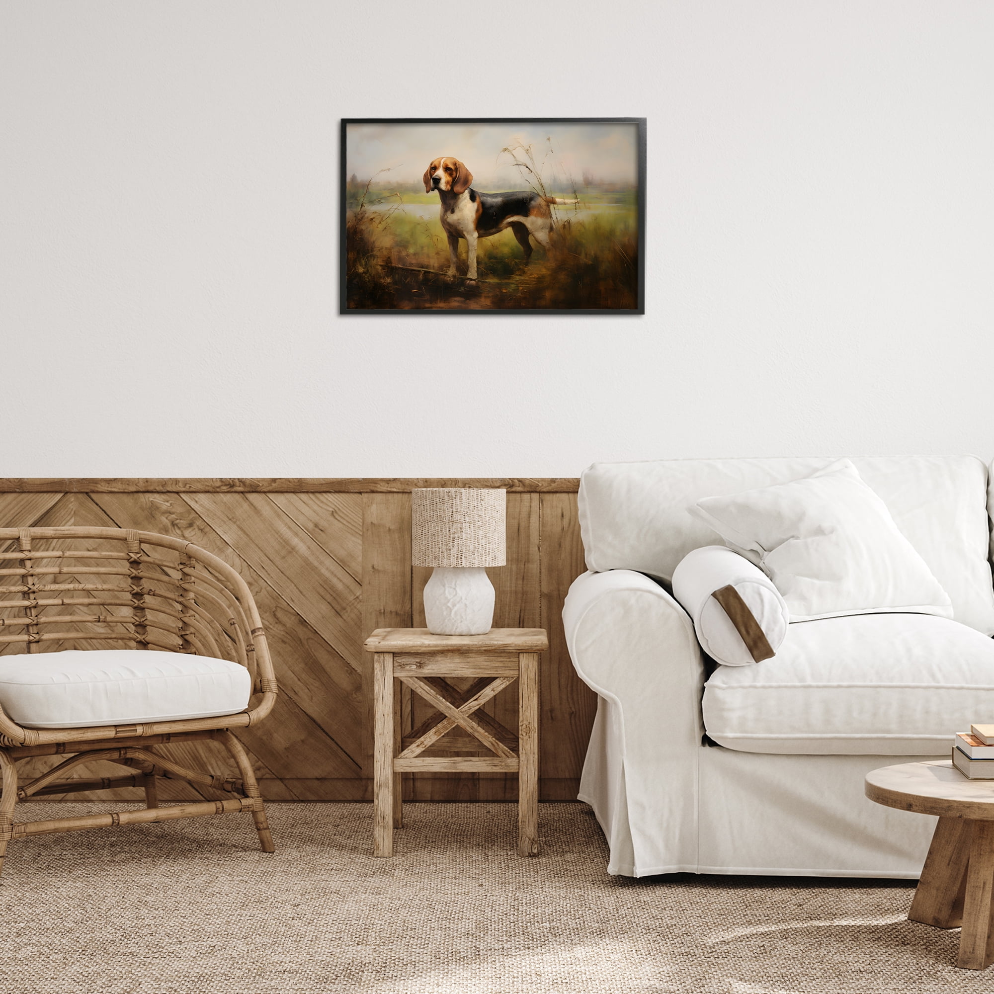 Stupell Industries Beagle Dog Rural Field Landscape Painting Black Framed Art Print Wall Art, 24 x 16