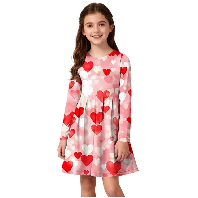 Vestido de manga larga con cuello redondo para niñas, vestido elástico de manga larga, corte A, estilo patinador con volantes, vestido de recital escolar, vestido de manga larga con cuello redondo par