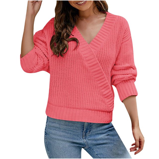 Timegard Hauts à Manches Longues pour Femmes Col en V Pull-Over Couleur Unie Mode Automne Blouse Décontractée Ample