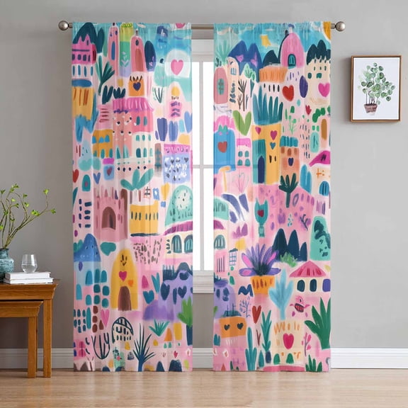 Colorful Abstract Sheer Curtains 84 Inch Length 2 Panels Set for Living Room/Bedroom, Modern Artwork Oil Painting Semi Curtain Sheers Drapes Rod Pocket Curtains Window Treatment Set 52''x84''x2