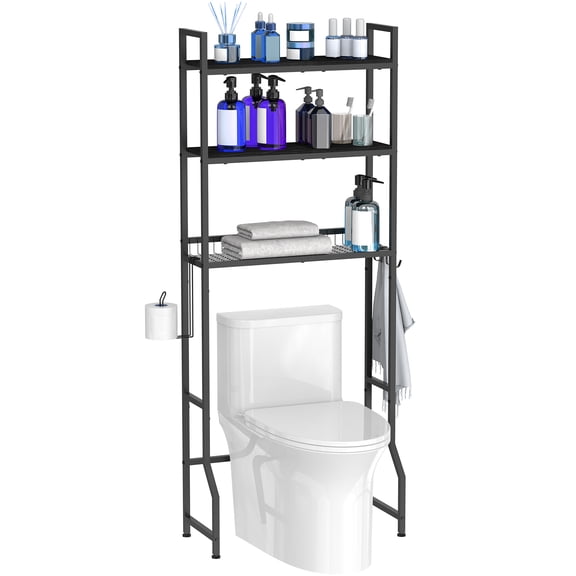 OYEAL 3-Tier Over The Toilet Storage Cabinet, Freestanding Over Toilet Bathroom Organizer with 4 Hooks for Restroom & Laundry(Black)