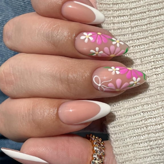 KUFptva Almond Press on Nails Glossy Fake Nails Stick on Nails in 12 Sizes 24Pcs French Nails Tips for Nails Art Decorations