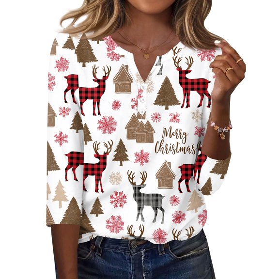 Christmas Shirts for Women Casual - Christmas Graphic Tees Ladies Loose Fit V Neck Tshirts 3/4 Sleeve Tops for Women Trendy