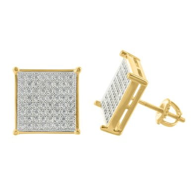 Yellow Gold Finish Earrings Square Shape Designer Micro Pave Simulated