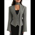 thumbnail image 1 of Chaqueta de Traje de Larga para Mujer, Color Liso, Cuello en V, Corte Entallado y Hombreras Gris L, 1 of 10