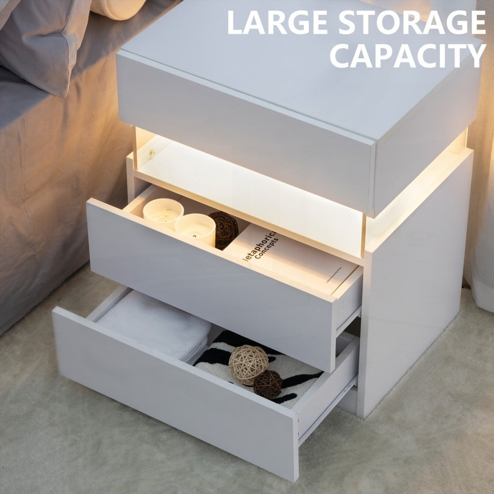 White LED Nightstands 3 Drawer Dresser Featuring Acrylic Board & LED Lighting (Bedroom & Living Room)