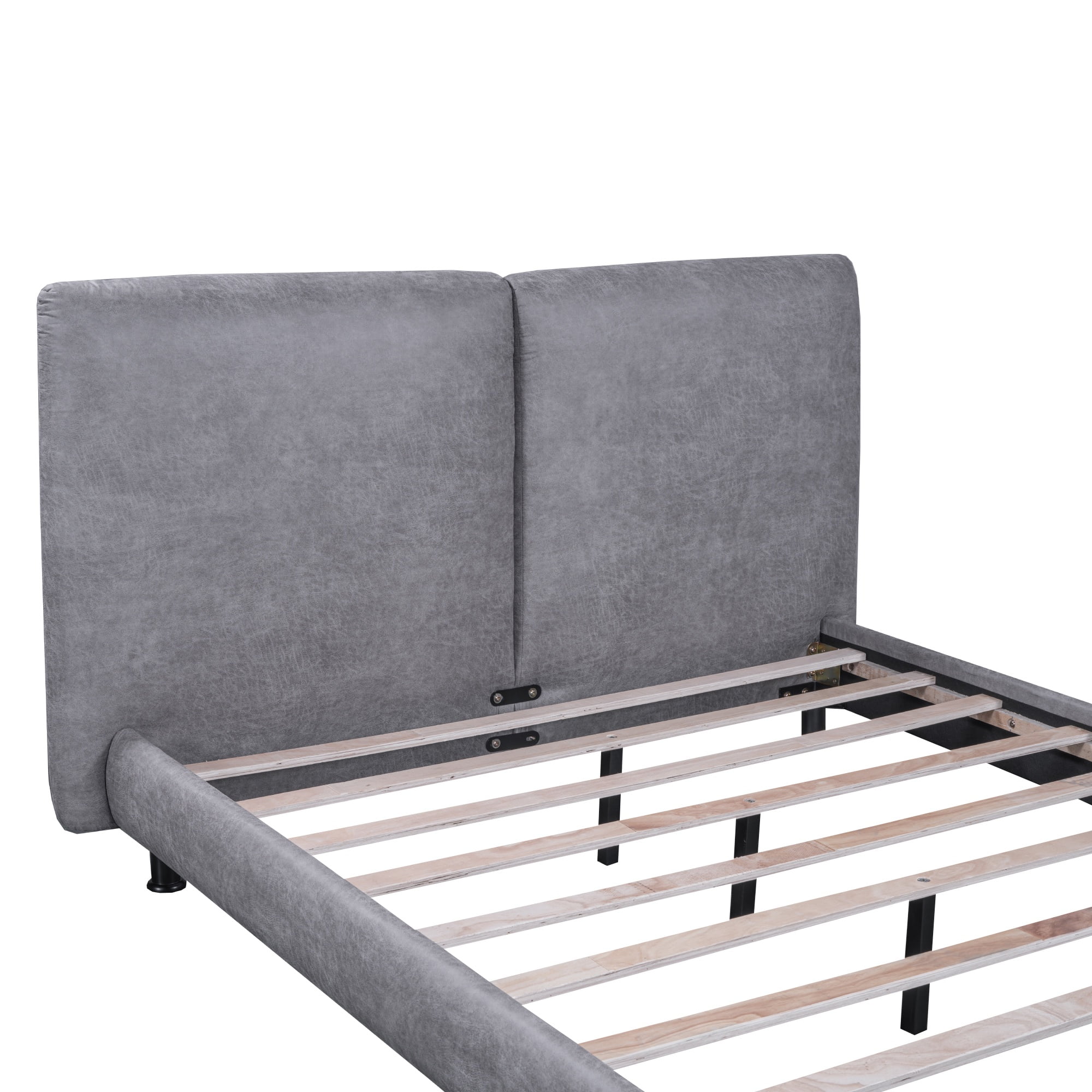 PORKISS Queen Size Platform Bed, Polyester Upholstered Platform Bed with Two Large Headrests, Modern Platform Bed with Thick Fabric, Classical Queen Bed for Bedroom, No Box Spring Needed, Gray