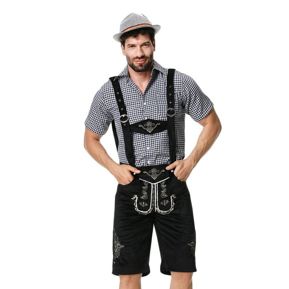 Lovskoo Oktoberfest Costume Men Three Piece Set Slim Long Sleeve Lapel Neck Shirt Overalls Hat Dance Platform Outfits Performance Suit Dress Up Party and Beer Festival Black
