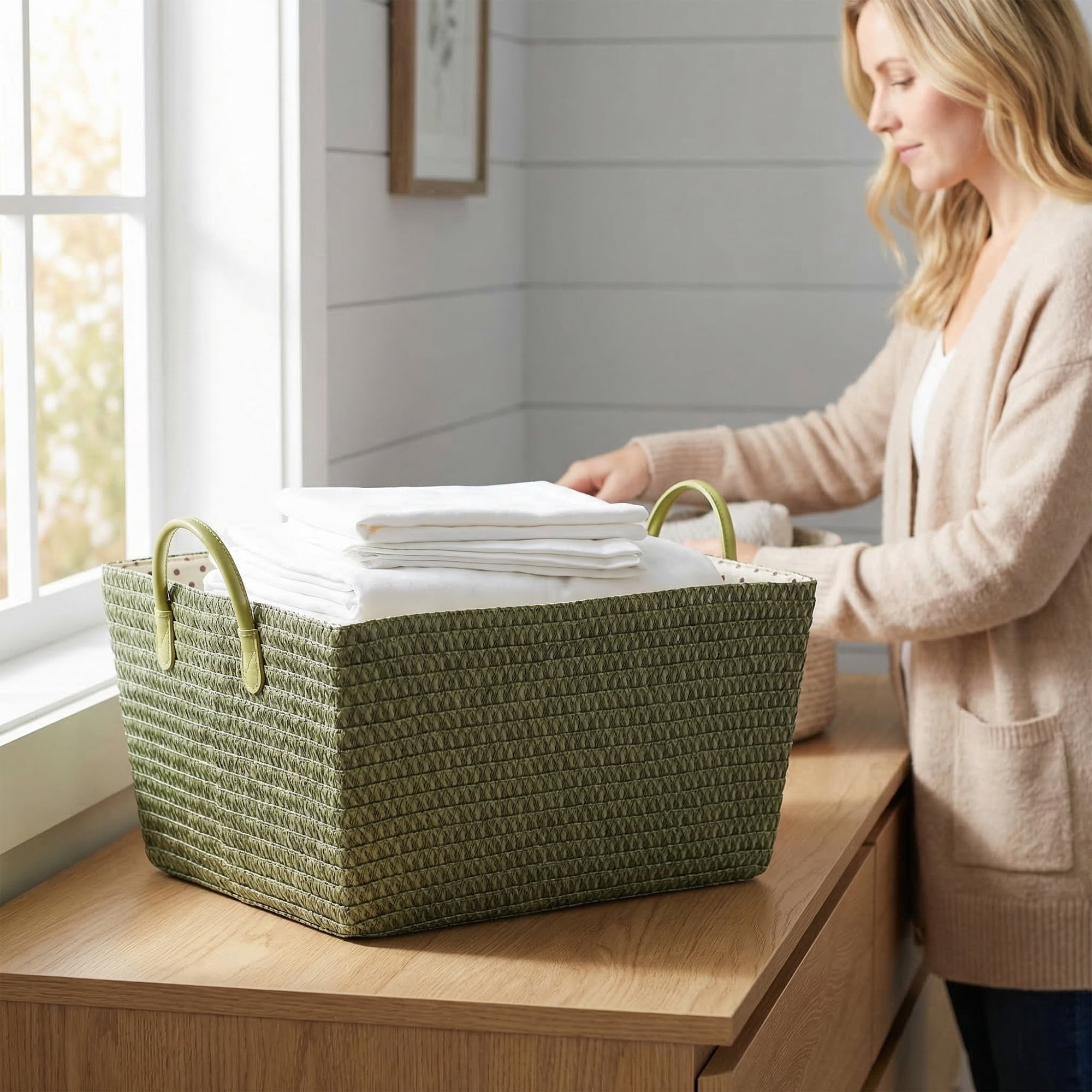 Unique Bargains Woven Storage Basket Shelf Closet Storage Bin Green 17.7*13.8*9.8in