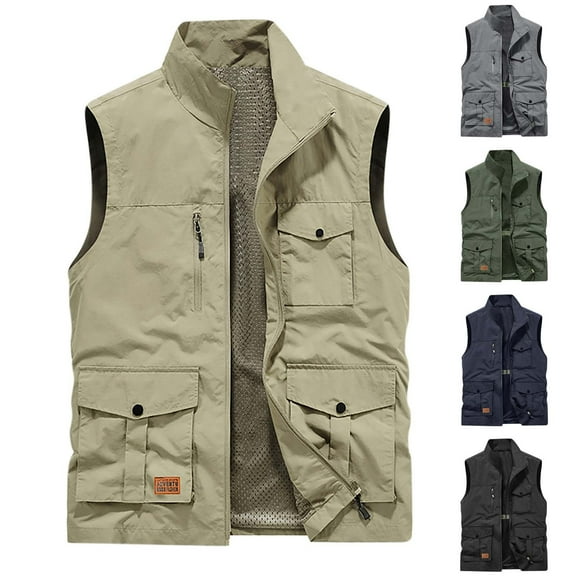 Miluxas Men's Softshell Vest Outerwear Zip Up Sleeveless Quick Dry Fishing Vests Outdoor Casual Multi Pocket Jacket for Hiking Golf Khaki