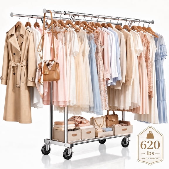 620 lbs Heavy Duty Clothes Rack with Wheels and Adjustable Double Rods Stainless-Steel Garment Rack with Mesh Shelf and Adjustable Height Clothes Drying Rack, 66"L×62"H×17"W