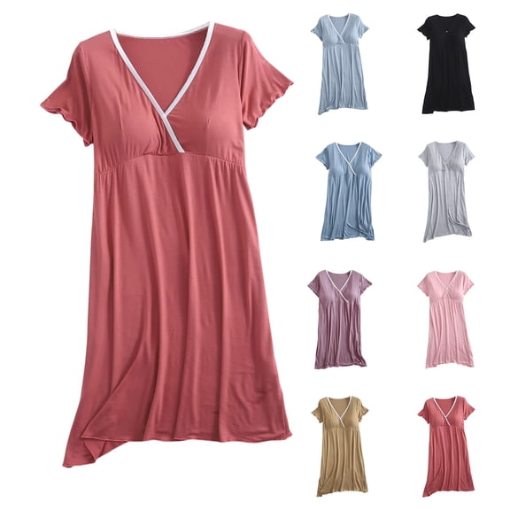Admvng Maternity Nursing Nightgown Short Sleeve V-Neck Built-in Bra Breastfeeding Sleep Dress