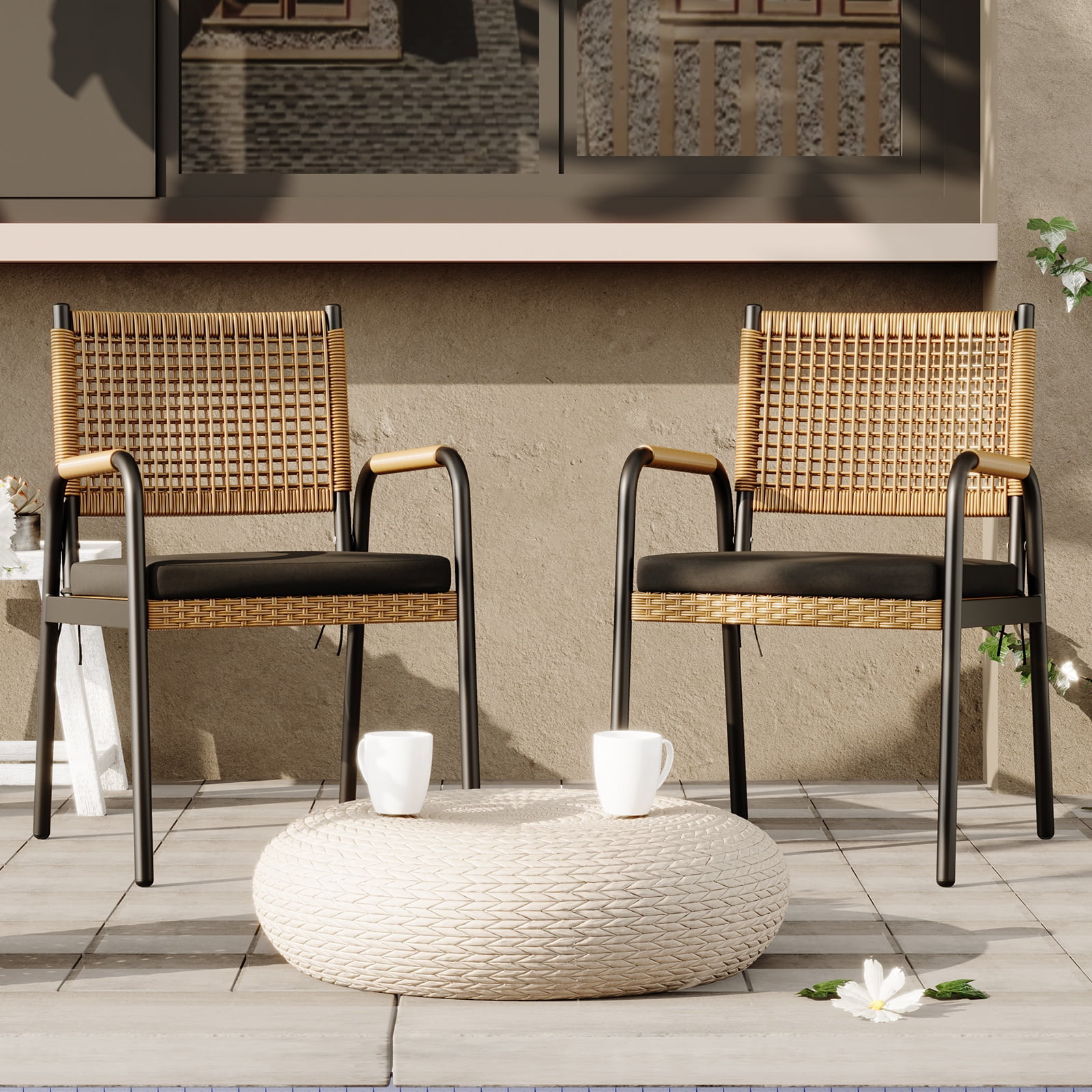 Riedhoff Outdoor Patio Dining Chair Set of 4, with 1.18" Cushions and Armrest, Black/Brown