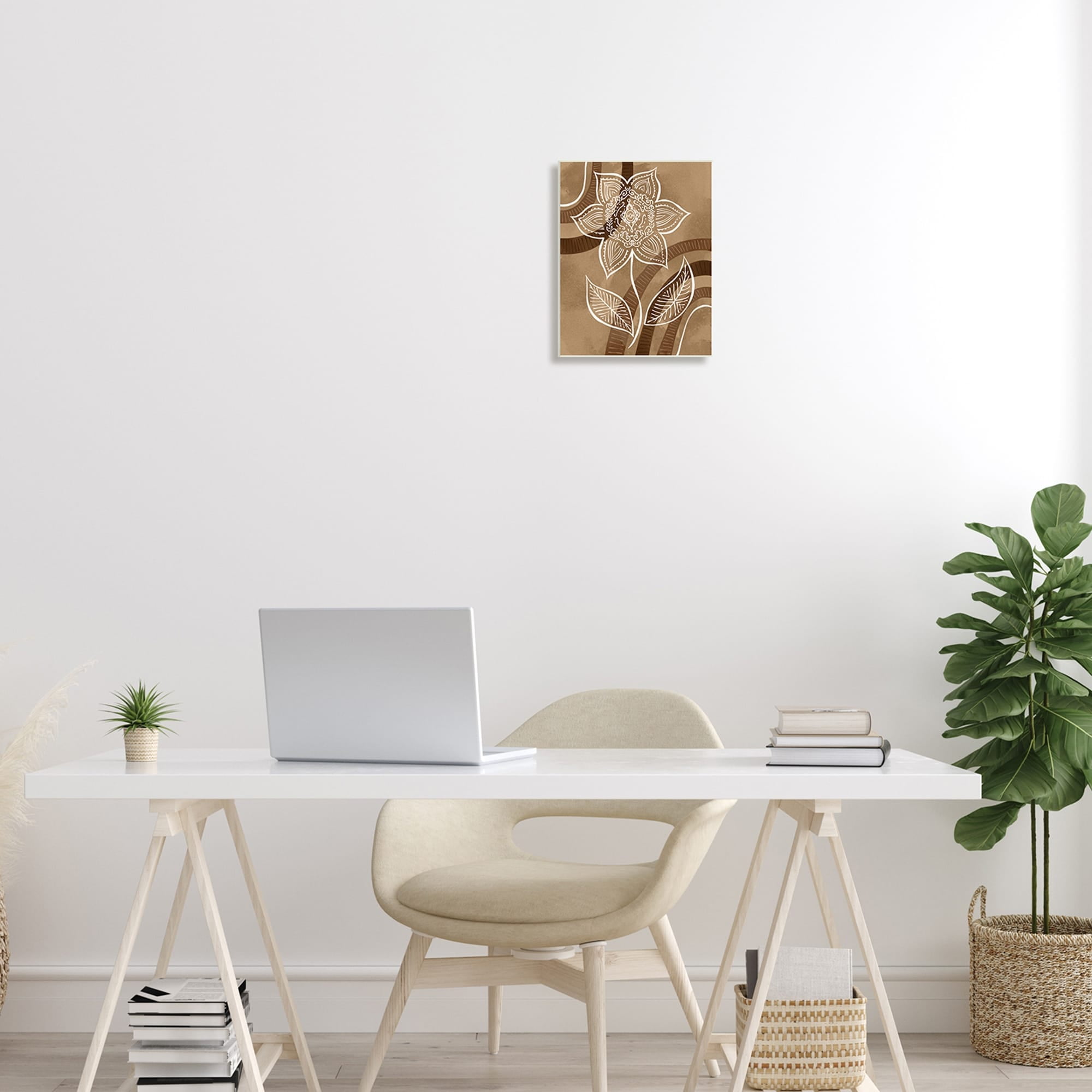 Stupell Industries White Fractal Mandala Flower Blossom Brown Stripes Wood Wall Art, 10 x 15, Design by Ziwei Li