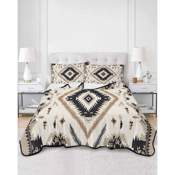 Quilts Twin Size, Boho Black Brown Soft Comforter Bedding Set for Bed, Retro Geometric Southwestern Ethnic Lightweight Quilted Bedspread with Pillow Cover(2 Pieces) for All Season, 68x86 Inch