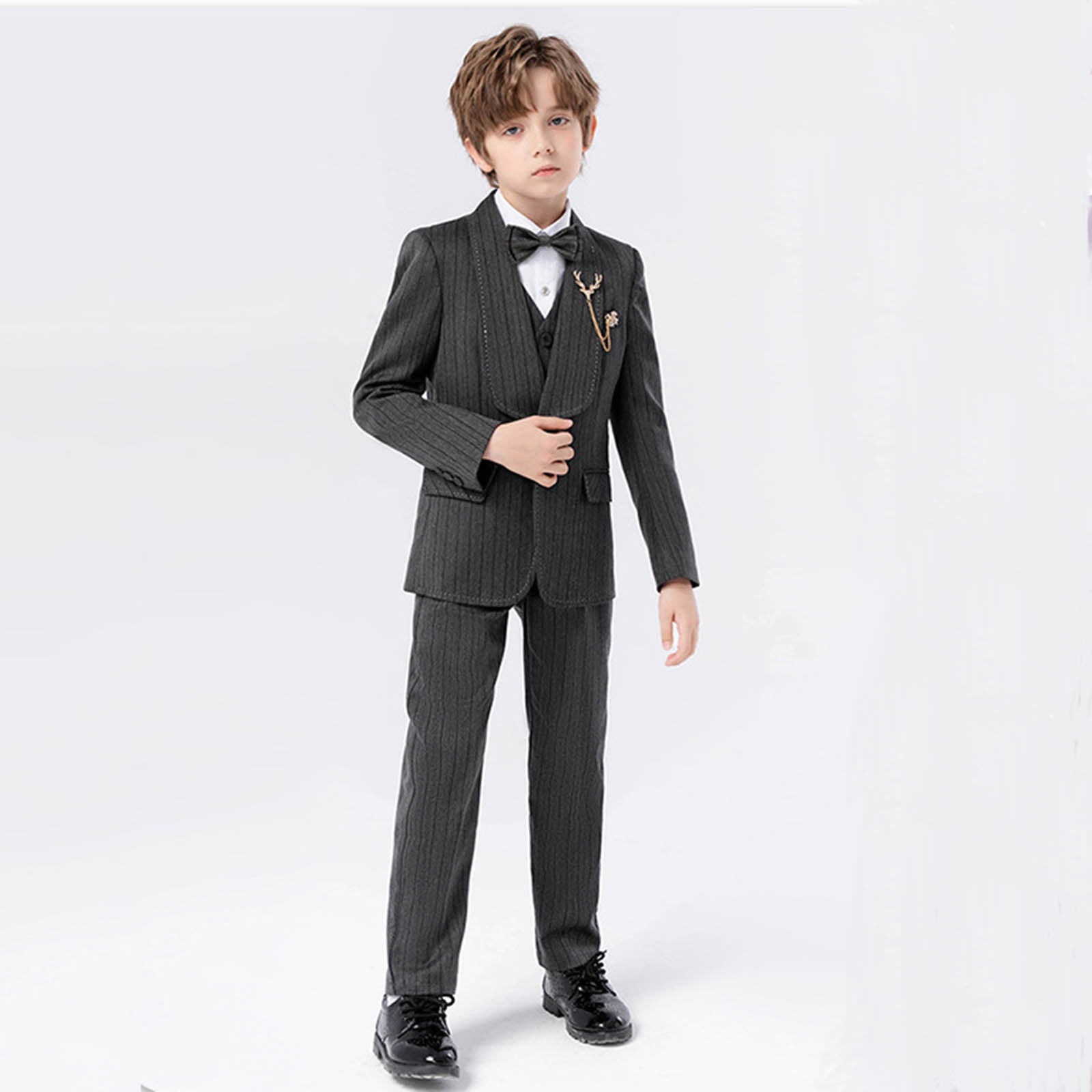 Hjtefg Boys Striped Little Suit Performance Dress Outfit Classic Tailored Jacket with Matching Pants Formal Event Attire for Weddings and Recitals,Color: Dark Gray Size: 8-9 Years