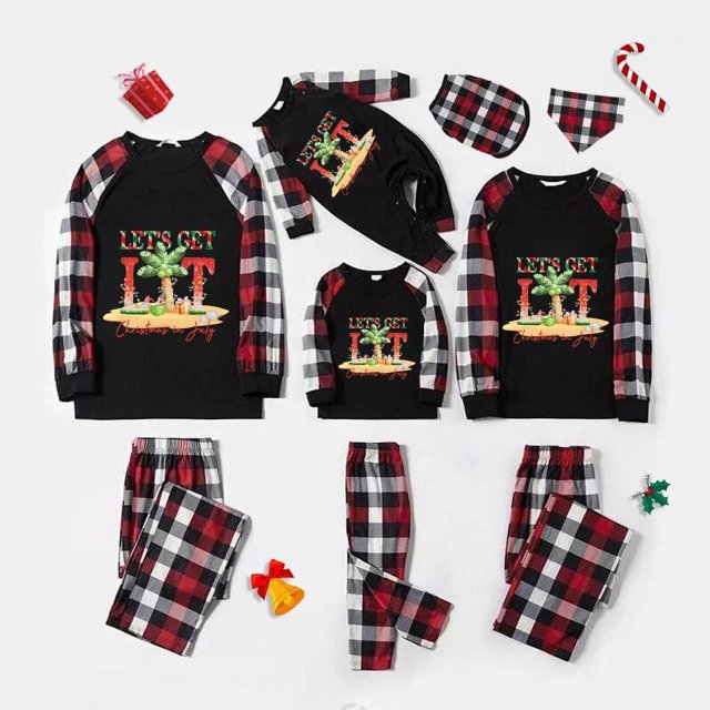 Pijamas familiares navideños a juego, Let's Get Lit Christams en julio, conjuntos de pijamas negros de manga larga