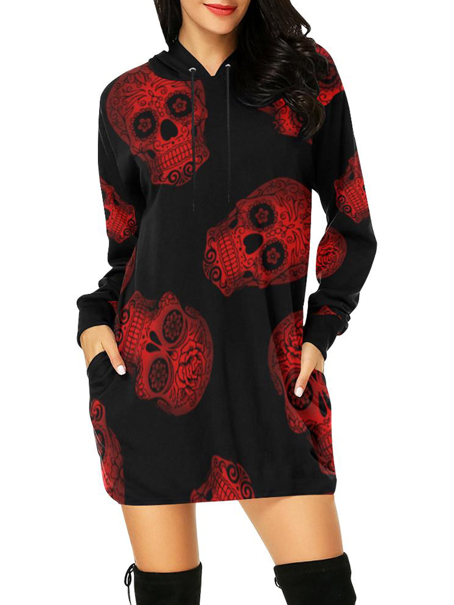 Womens Ladies Fleece Skull Printed Scary Long Sweatshirt Tunic Mini Dresses New