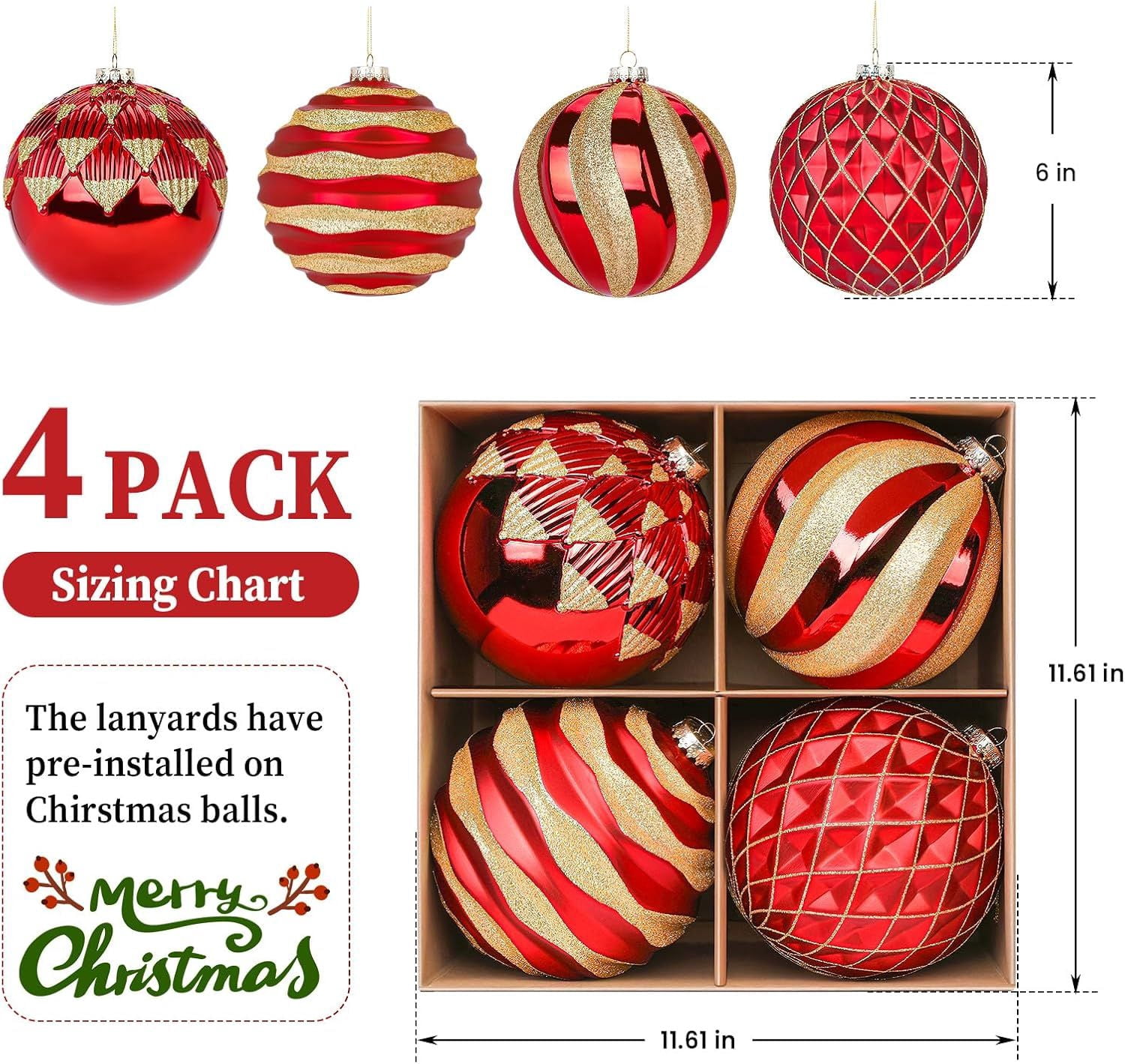 6"/150mm Large Christmas Ball Ornaments, 4Pcs Christmas Tree Decor, Shatterproof Hanging Decorations with Hooks, White & Silver Baubles for Xmas Tree, Wedding, Holiday and Party Decor