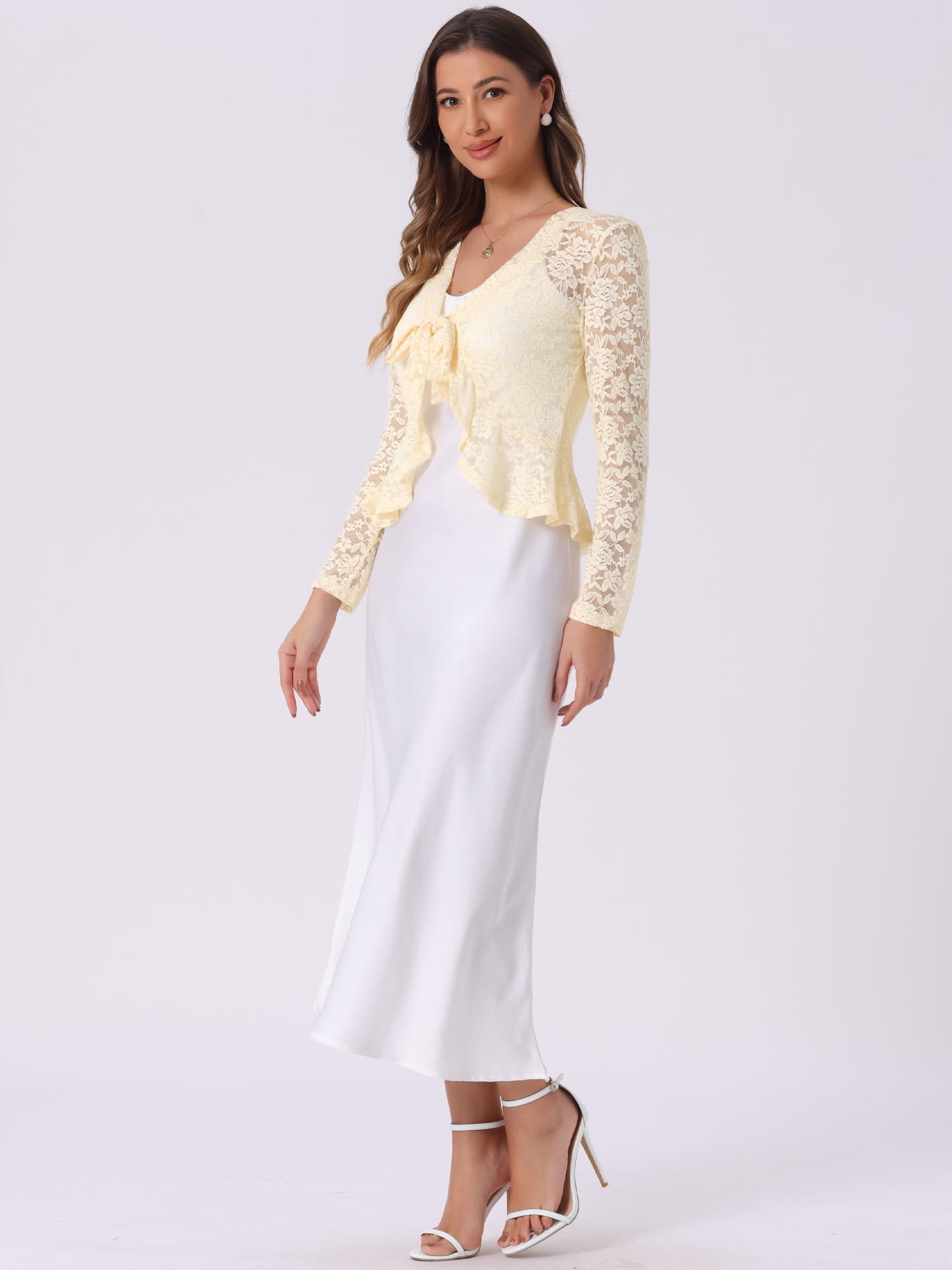 DARING DIVA Women's Ruffled Hem Floral Lace Crop Shrug Cardigan S Light Beige