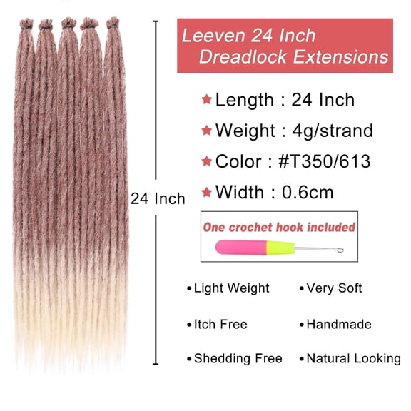 WEIF-Synthetic Dreadlock Extensions 24 Inch 20 Strands Copper Red to Blonde Single Ended Dread Extensions Handmade SE Thin Hippie Dreads 0.6 cm Soft Loc Extensions Reggae Style Hair for Women Men
