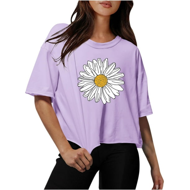 Camisetas Sobredimensionadas para Mujeres Gota Hombro Cuello Redondo Cultivo Top de Entrenamiento, Blusa de Verano Casual para Diario Y Fitness