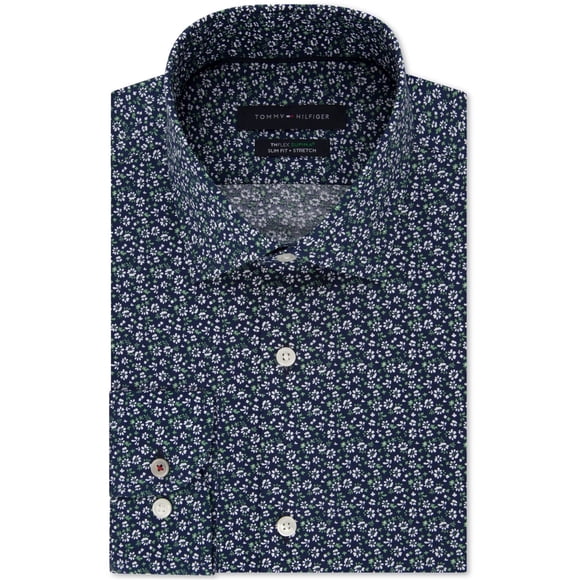 Tommy Hilfiger Mens Floral Print Button Up Dress Shirt, Blue, 15" Neck 32-33" Sleeve