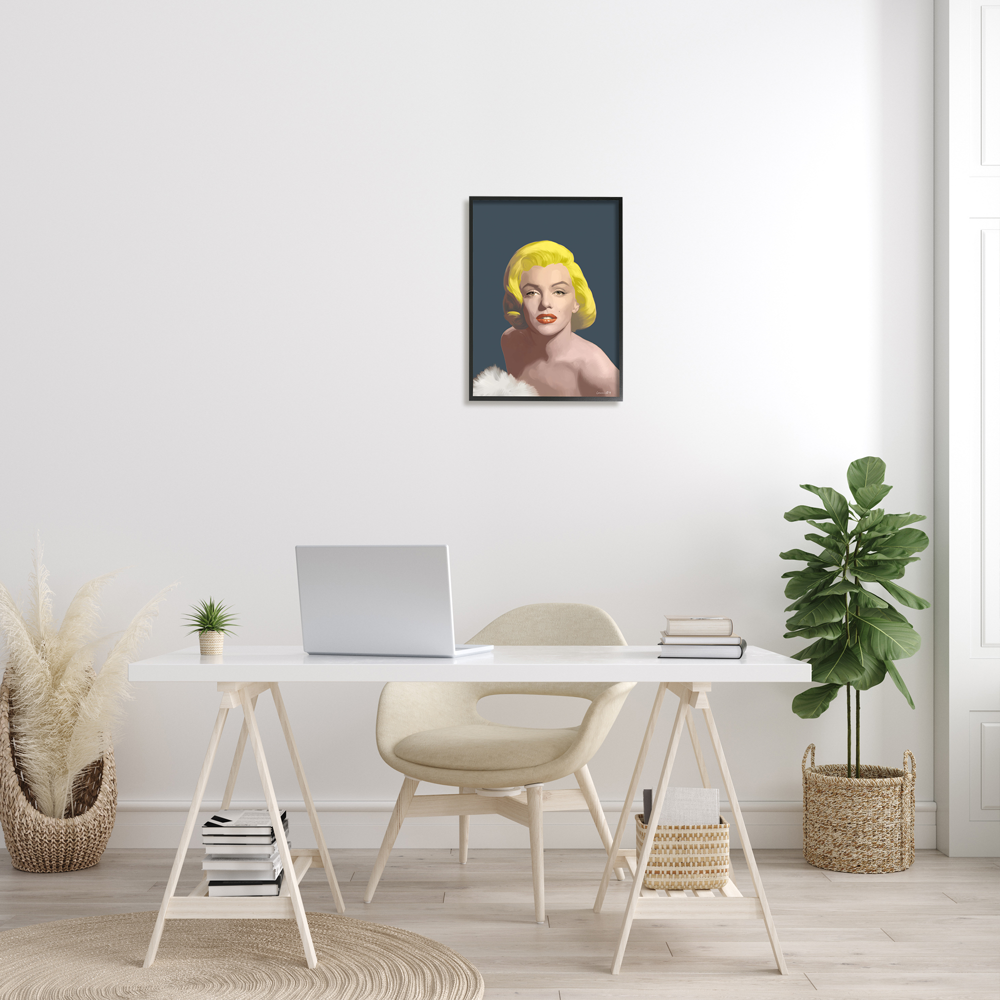 Stupell Industries Blonde Pop Vintage Marilyn Fashion Icon over Blue Novelty Painting Black Framed Art Print Wall Art, 16 x 20, Design by Chris Consani