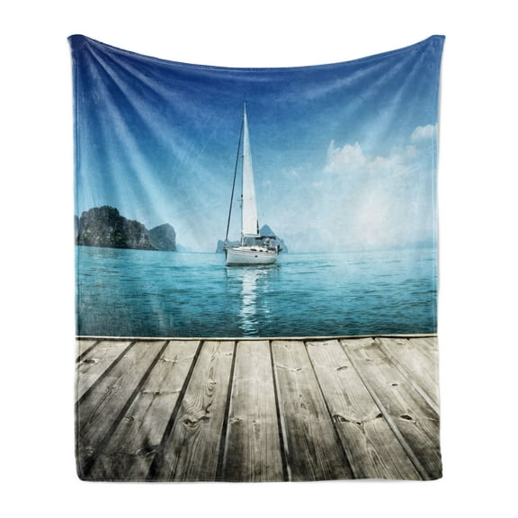 Nautical Soft Flannel Fleece Throw Blanket, Yacht from Wooden Deck Horizon Serenity Seascape Leisure Aquatic Coastal Theme, Cozy Plush for Indoor and Outdoor Use, 70" x 90", Blue Brown, by Ambesonne