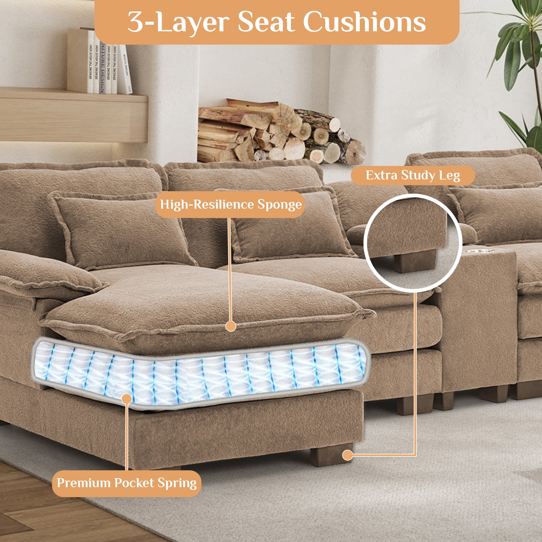 Wiilayok 133" U Shaped Cloud Couch Modular Sectional Couches for Living Room Fluffy Chenille Deep Seat Sofa Set with Double Chaise Lounge, Storage Central Console, Cup Holders, USB Port, Light Brown