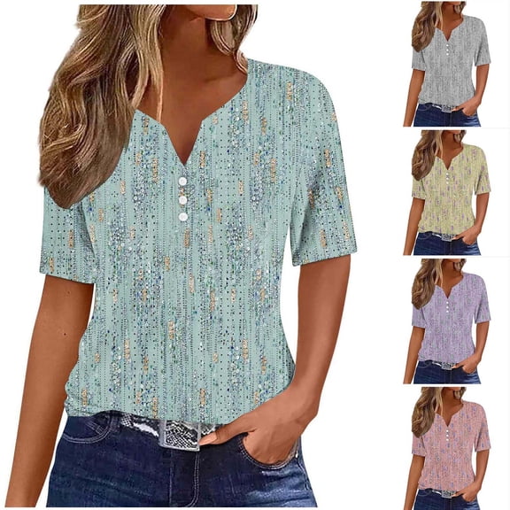 Womens Fashion Print Tops Short Sleeve Henley V Neck Shirts Casual Hollowed Out Tees Summer Loungewear Clothings