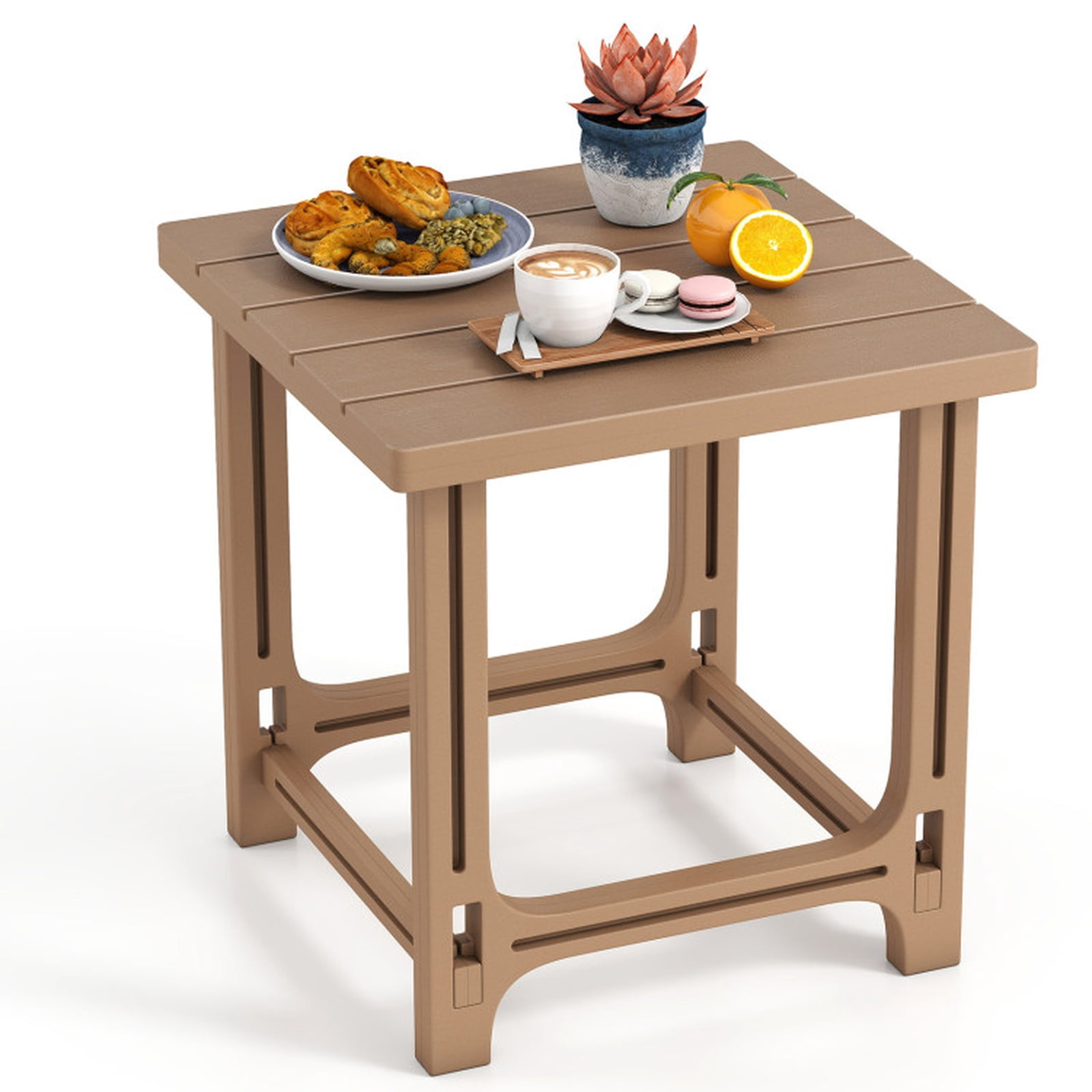 Biotree 18 Inch Adirondack Side Table, All-Weather HDPE Outdoor End Table with Wood-Look Slatted Top and 315 lbs Capacity for Deck Garden, Brown