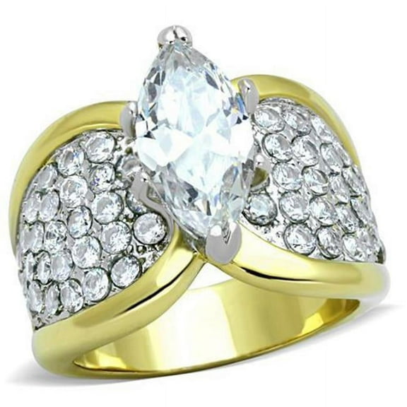 Women Two-Tone IP Gold Stainless Steel Ring with AAA Grade CZ in Clear - Size 9