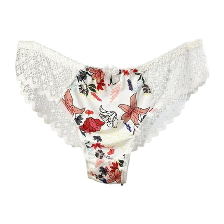 Women s Floral Print Panties Thong Middle Rise Bows Briefs Hollowed Out Sheer Lace Lingerie Thong Underwear Hipsters