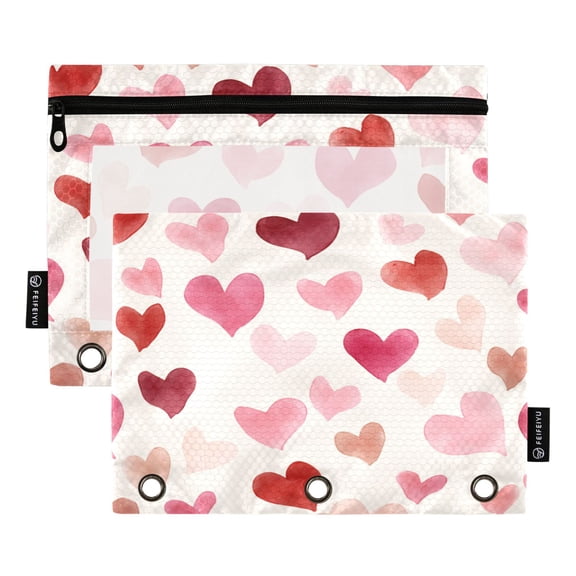 2 Pack 3 Ring Binder Pouch with Clear PVC Window Water Resistant Zipper Pencil Pouch Romantic Heart Scatter Binder Pocket for Classroom Office Home Stationery Organization