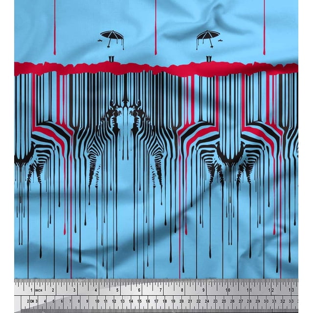 Soimoi Blue polyester Crepe Fabric Umbrella & Wild Animal Skin Decor Fabric Printed BTY 42 Inch Wide