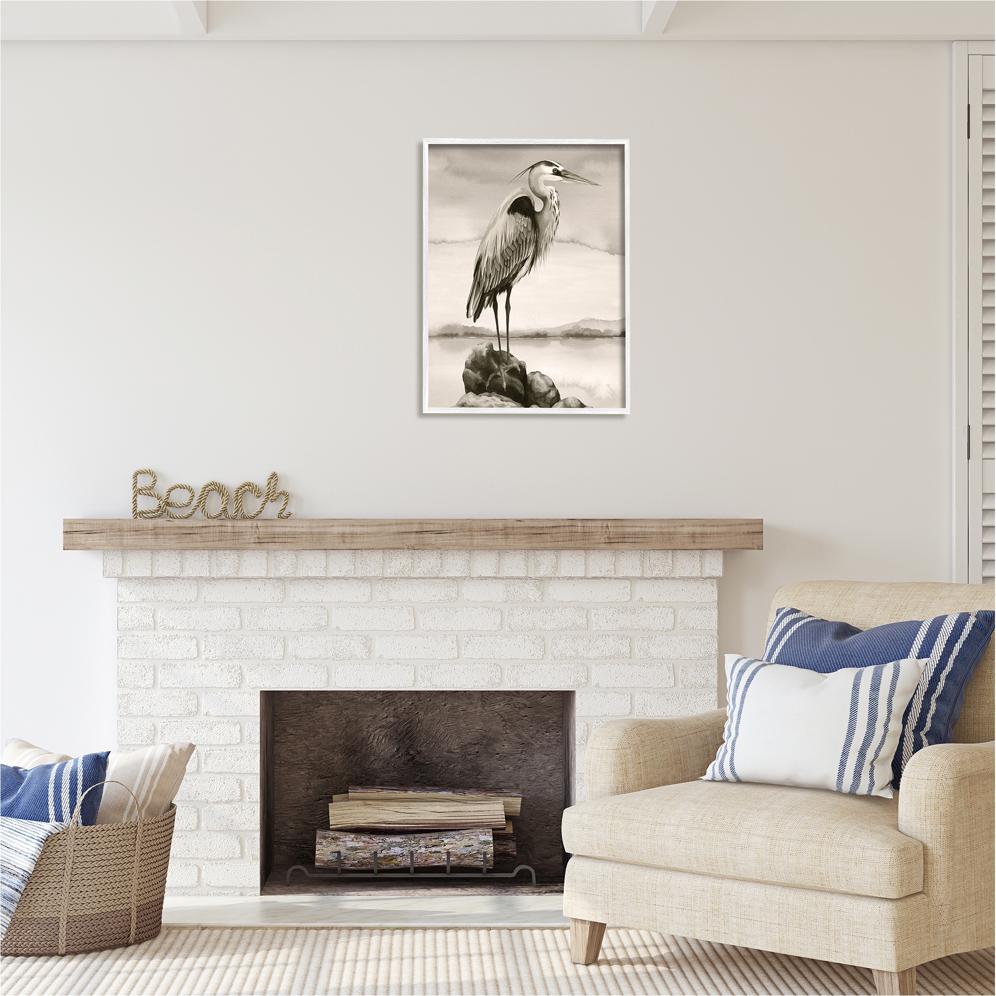 Stupell Industries Heron Perched at Sea Animals & Insects Painting White Framed Art Print Wall Art, 24 x 30