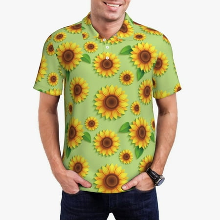 Haiem Sunflower Leaves Pattern Mens Polo Shirts Quick Dry Short Sleeve Golf T Shirt Performance Moisture Wicking Casual Workout-Large