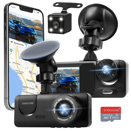 3 Channel Dash Cam WiFi FHD Car Camera 64GB TF Card,WIZACE 1080P Front Dash Camera Front and Rear Inside for Cars,Mini Dashcams with Night Vision,Loop Recording,WDR,G-Sensor,App