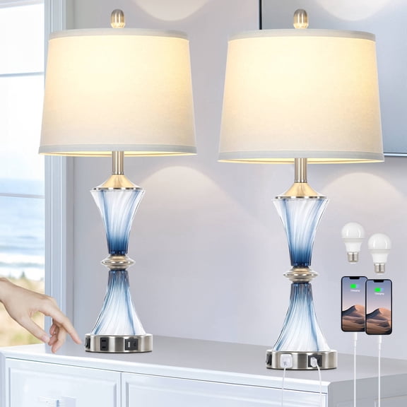 Cinkeda 27" Blue Gradient Glass Table Lamps Set of 2 with USB-C/A Ports & AC Outlet,Coastal Lamp for Night Stands Bedroom Living Room