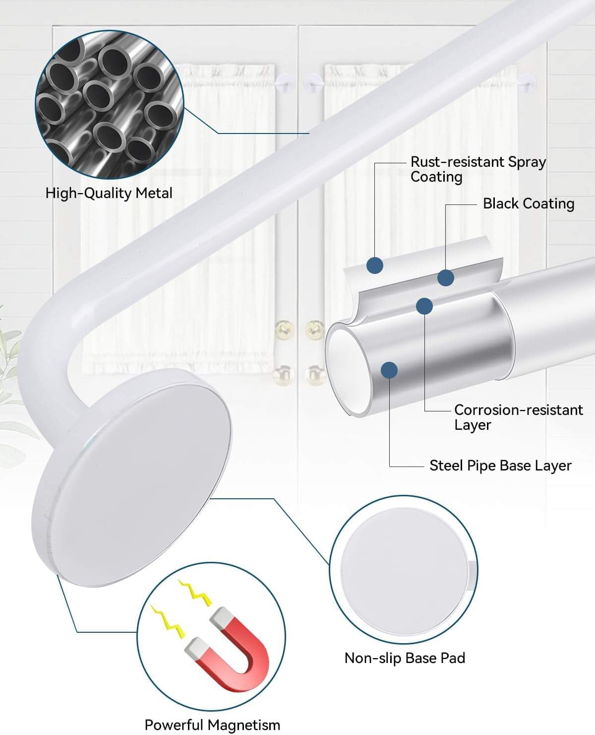 Sparklane -2 Pack Magnetic Curtain Rod for Metal Doors,French Door Magnetic Curtain Rods Adjustable from 18 to 30 Inch,3/8 Inch Diameter, Magnet Cafe Curtains Rod,No Tool and Easy Installation,White