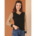 thumbnail image 2 of Blusa Allegra K Estampado De Leopardo Labor De Retazos Manga Larga Top Cuello V Amarillo Negro M, 2 of 6