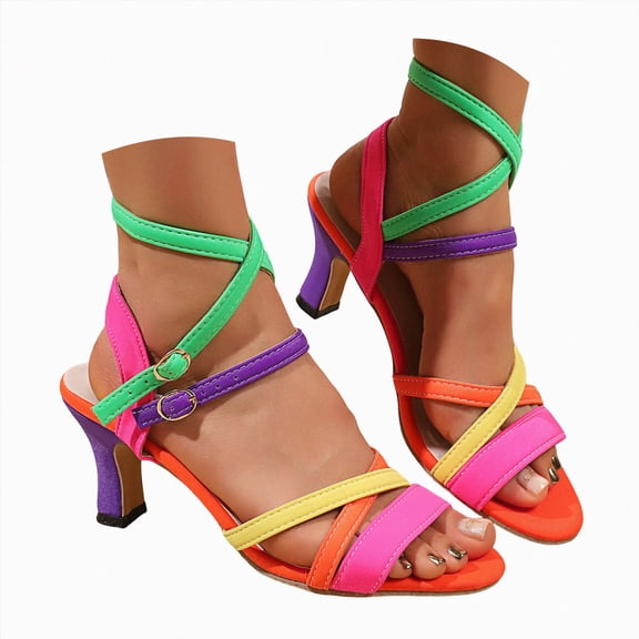 Women's Strappy Heeled Sandals Neon Multicolor Open Toe Stiletto High Heels with Ankle Strap Party Prom Date Night Dressy Shoes Multicolour Size 6.5